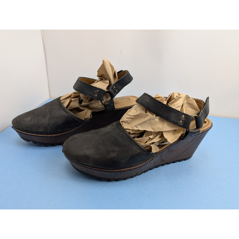 Born Concept Rina Wedge Wooden Platform Shoes Black Leather Sandals Womens 11